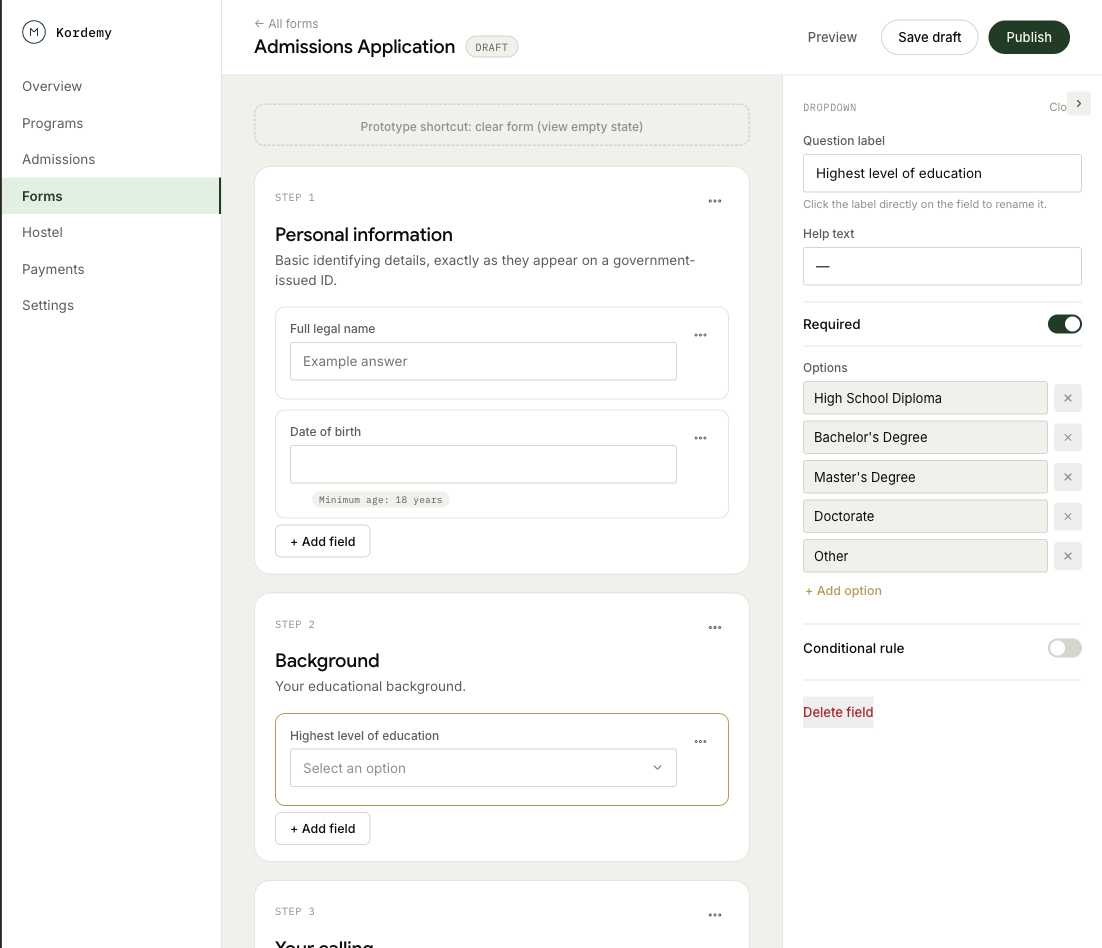 Admissions application form builder